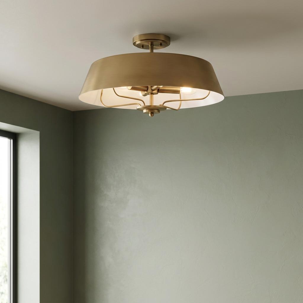 Luella 4-light brass semi-flush ceiling light with a large drum shade on a white ceiling.