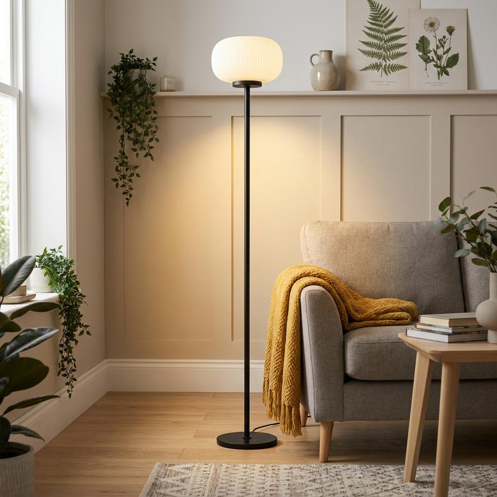 Lumina Frosted Glass Floor Lamp with black stem and ribbed shade beside a grey sofa in a neutral living room.