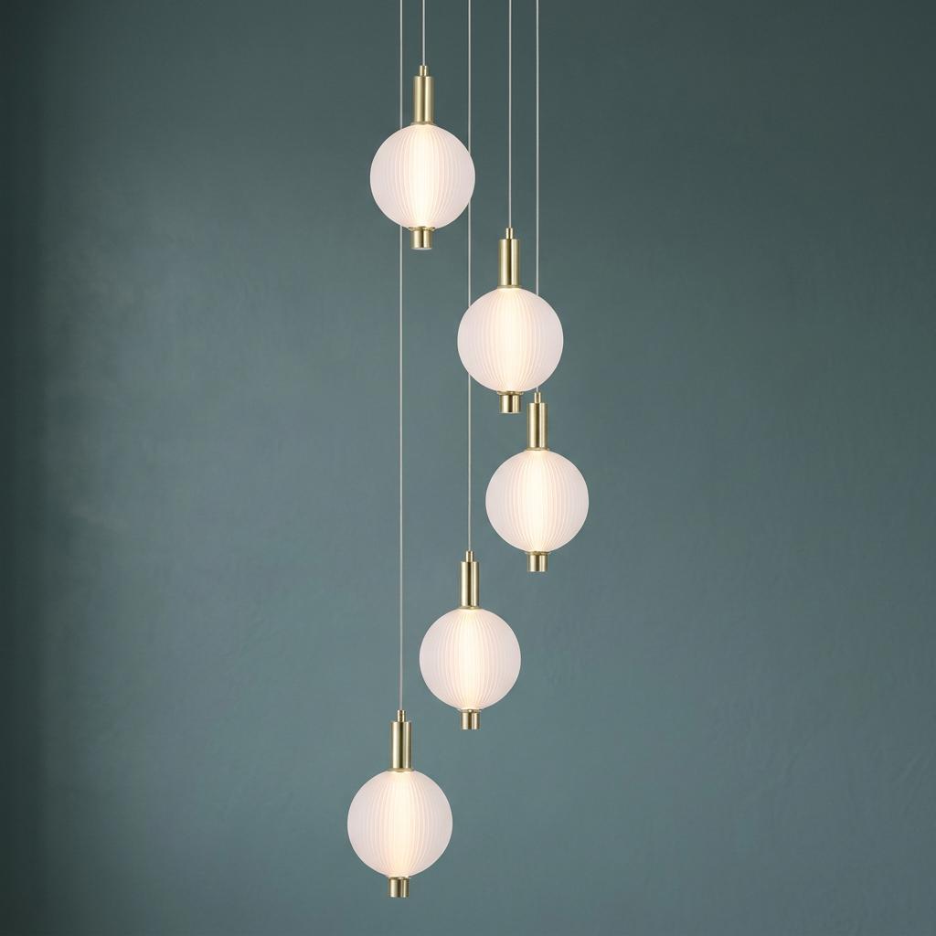 Five glowing ribbed glass globes suspended at staggered heights with satin brass fittings against a teal wall.