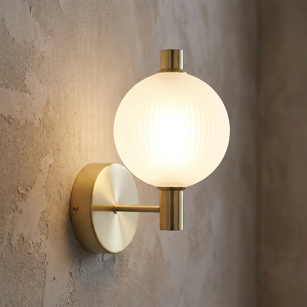 Satin brass wall sconce with a glowing ribbed frosted glass globe, mounted on a textured beige wall.