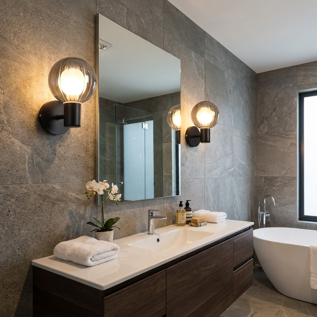 Pair of Luminsphere black wall lights with smoked glass globes flanking a bathroom mirror above a wooden vanity.