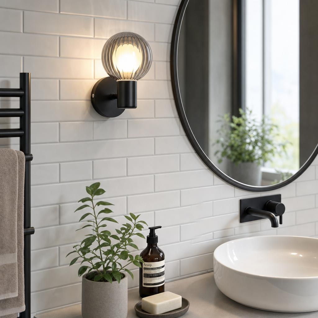 Black wall light with a ribbed glass globe mounted on white subway tile in a modern bathroom.