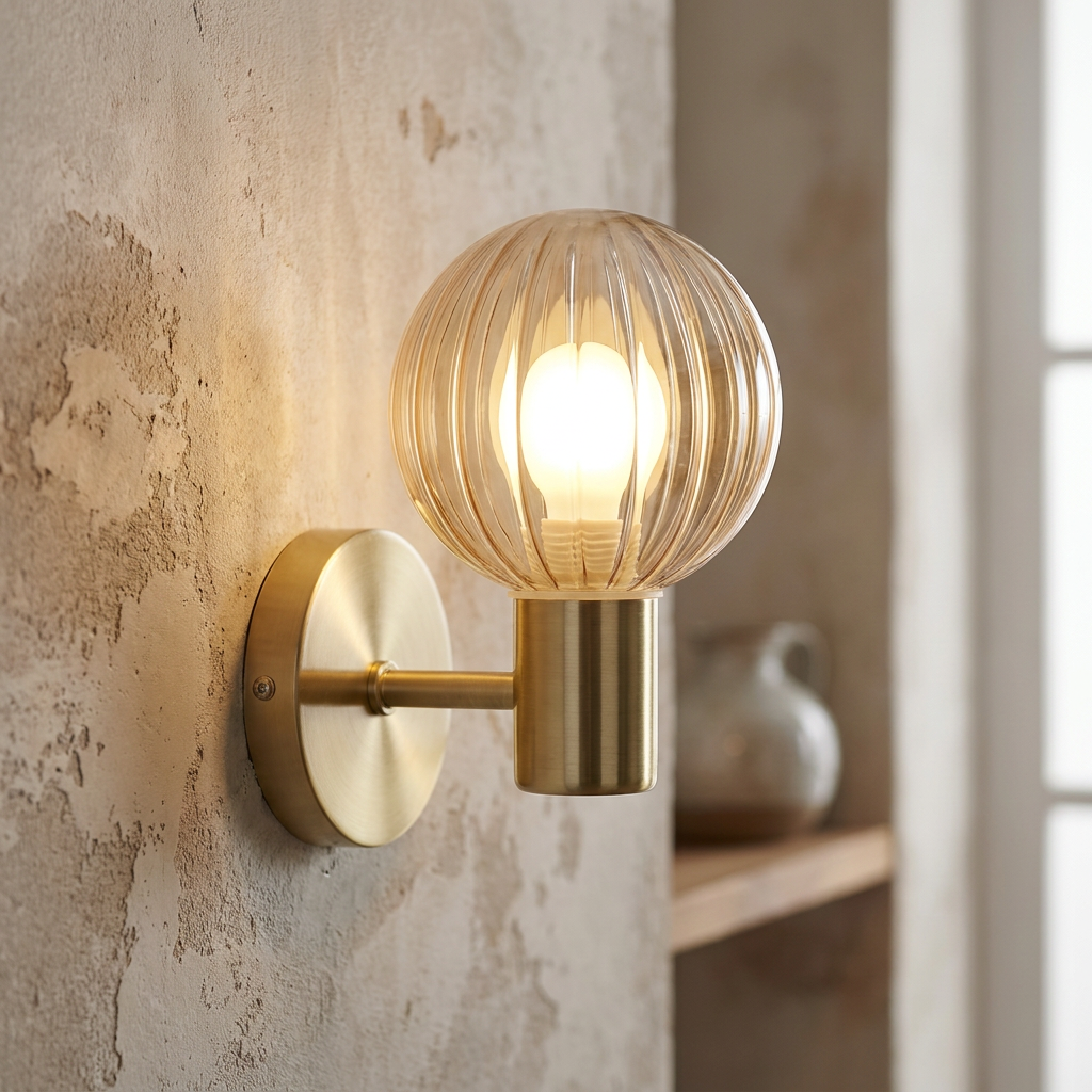 Brushed brass wall light with a ribbed glass globe shade mounted on a rustic textured wall.