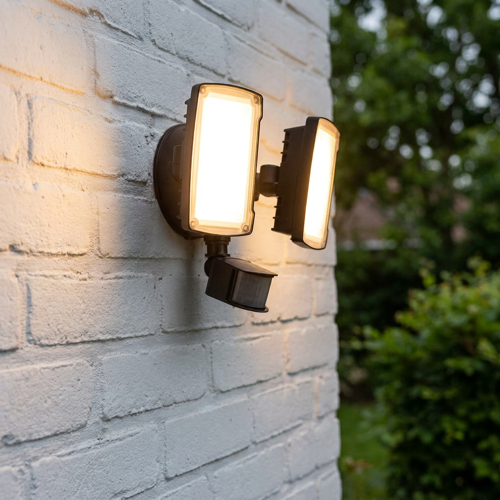 Black Lutec Chimera twin-head floodlight with PIR sensor illuminated on a white brick wall.