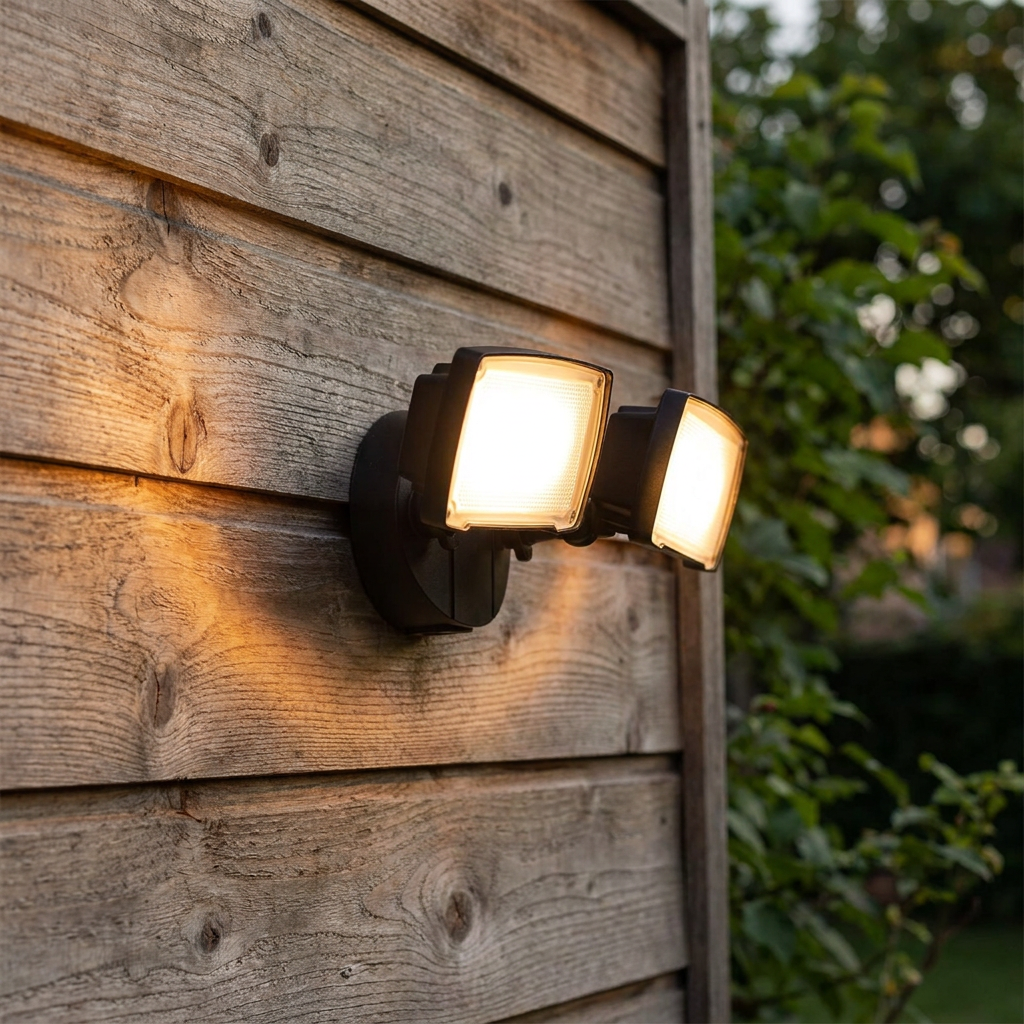 Lutec Chimera black twin head floodlight illuminated on a wooden wall, casting a warm golden glow.