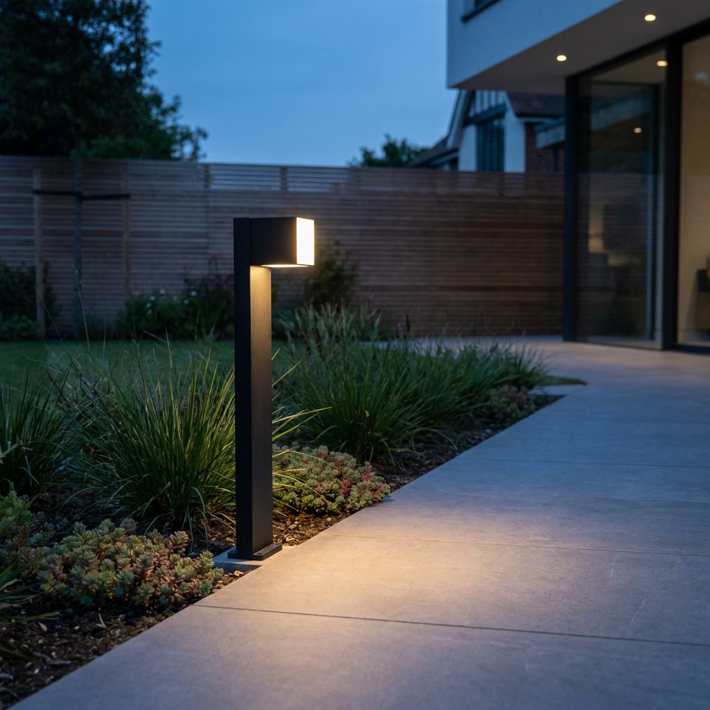 Lutec Cuba black LED bollard light illuminating a modern tiled patio path and garden at dusk.