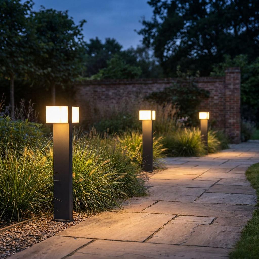 Three grey Lutec Cuba bollard lights illuminating a stone garden pathway at dusk.