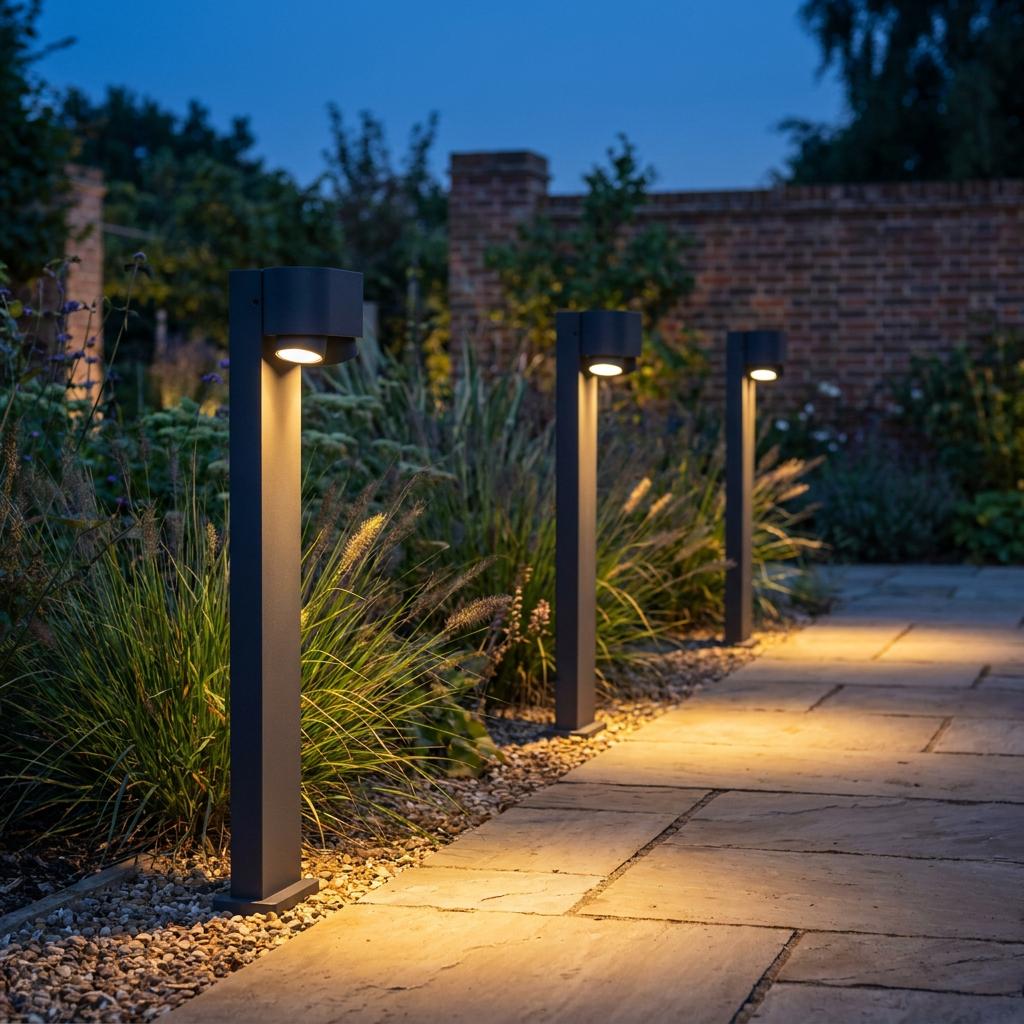 Three grey bollard lights illuminating a garden stone path at dusk.