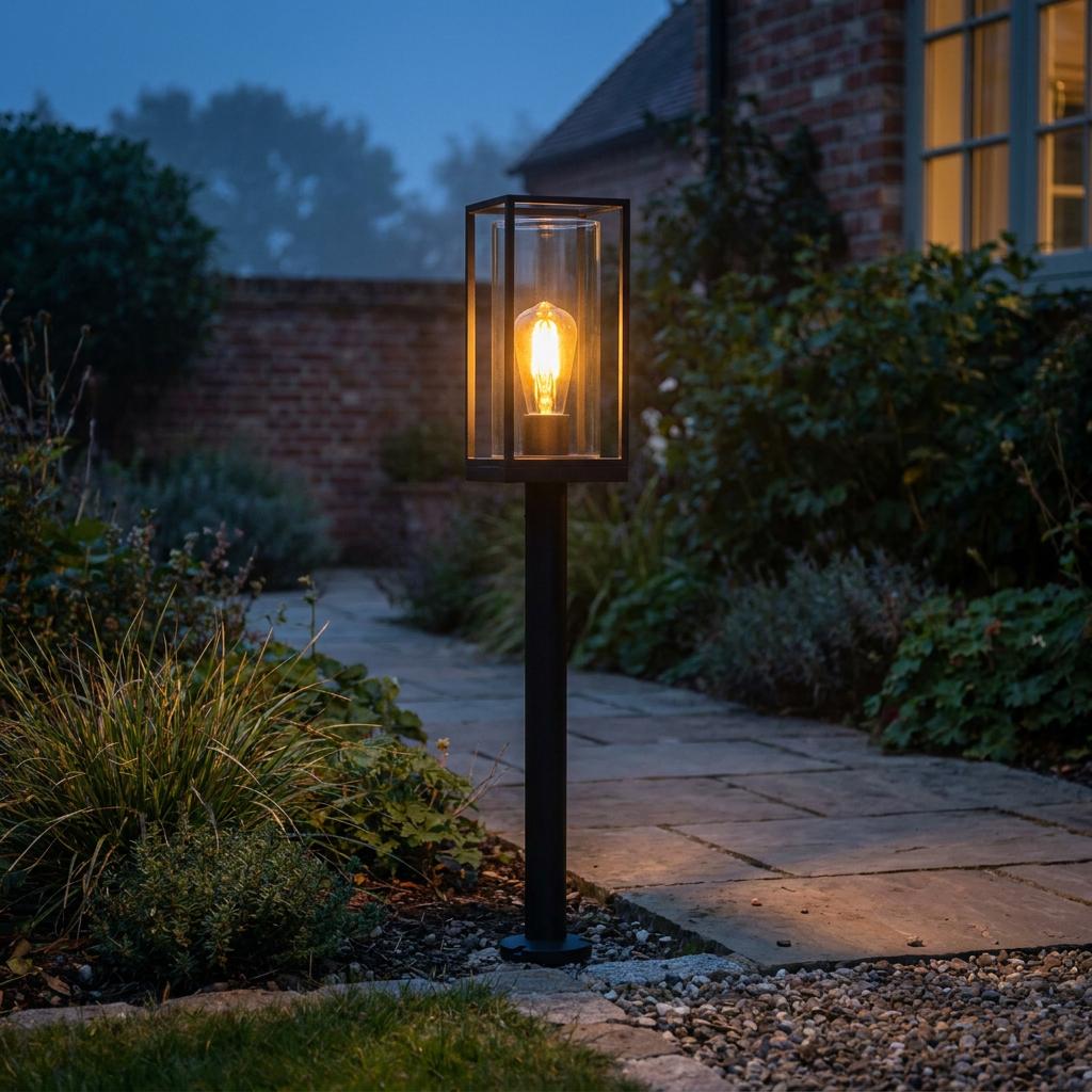 A Lutec Flair matt black outdoor bollard light with a warm filament bulb illuminating a garden path at dusk.