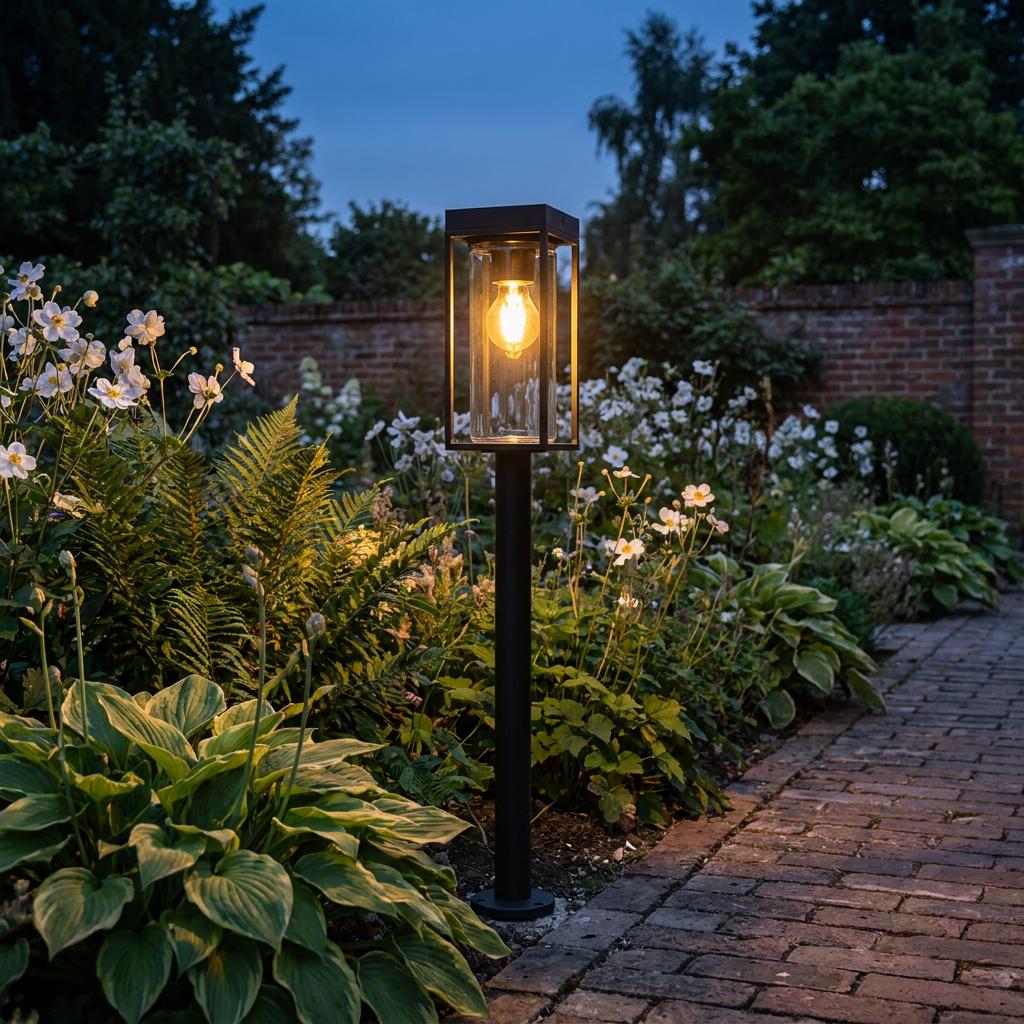 Matt black solar bollard light with a warm glowing bulb illuminating a lush garden path at dusk.