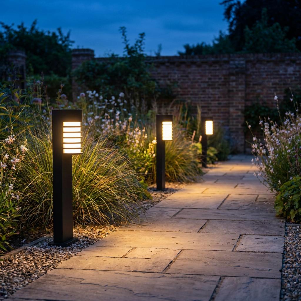 Three black Lutec Fulton outdoor bollard lights illuminating a flagstone garden path at dusk.