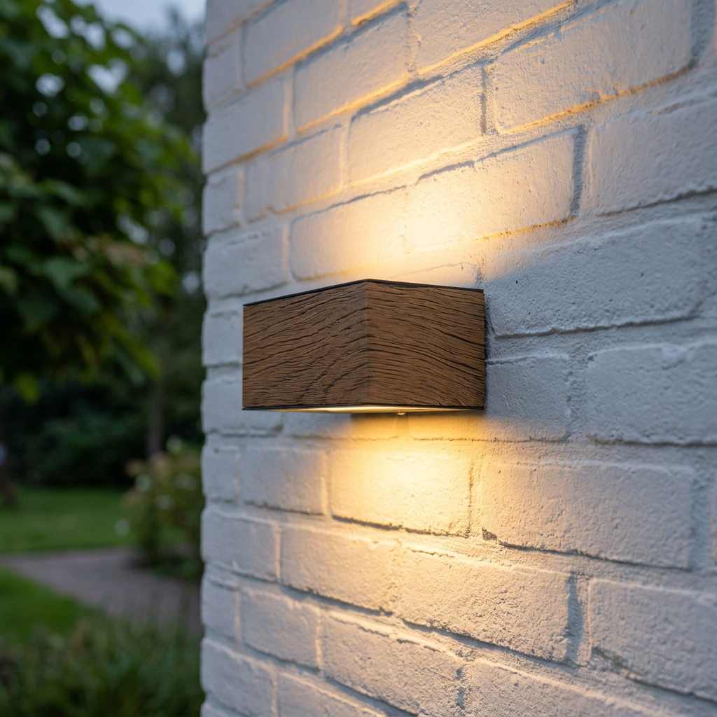 Wood-effect rectangular wall light mounted on a white brick wall, casting warm light upwards and downwards.