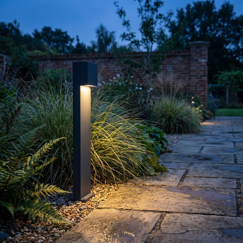 Dark grey flat bollard light casting a warm glow onto a stone garden path and surrounding plants at dusk.