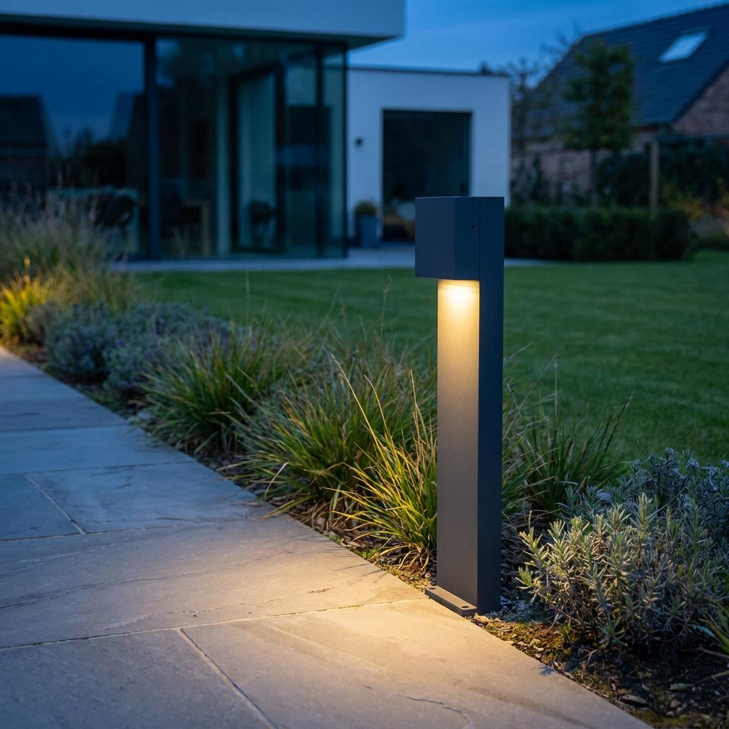 Modern dark grey bollard light illuminating a paved stone path in a garden at twilight.