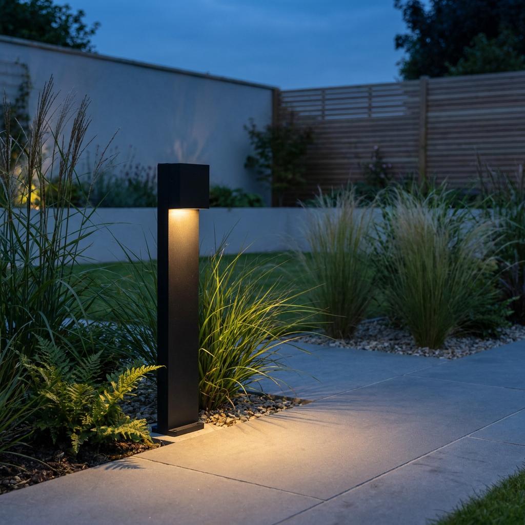 Matt black rectangular LED bollard light casting warm light onto a garden walkway at twilight.