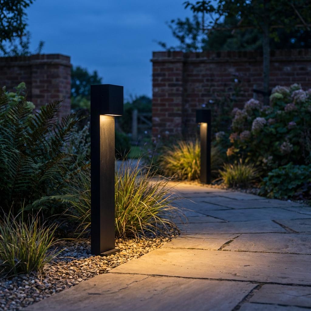 Two black modern bollard lights illuminate a stone garden path at dusk.