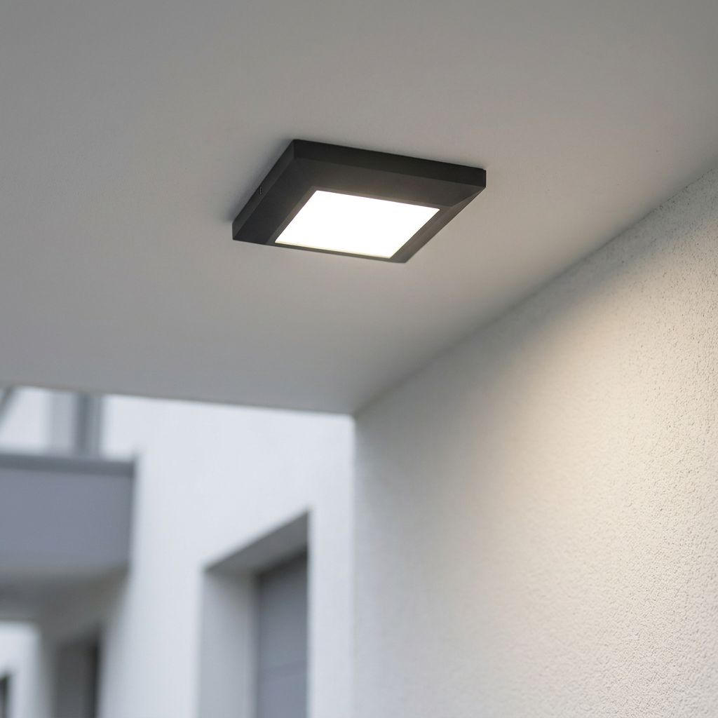 Square dark grey outdoor ceiling light emitting a bright glow from a white soffit.