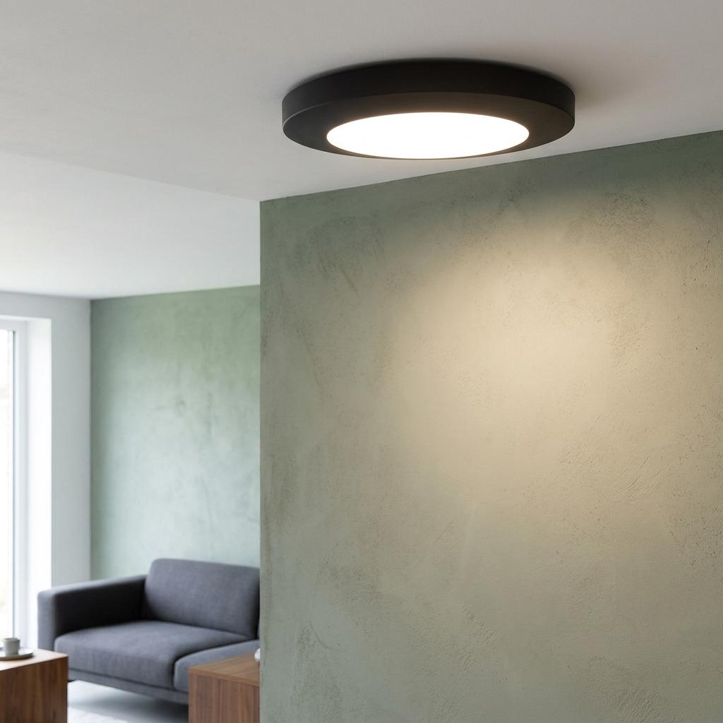A circular matt black LED flush ceiling light casting a warm glow on a textured green wall in a modern room.