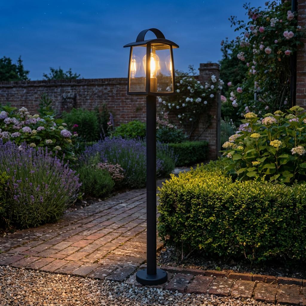 A black lantern-style bollard light glows warmly on a brick garden path surrounded by lavender and bushes at dusk.