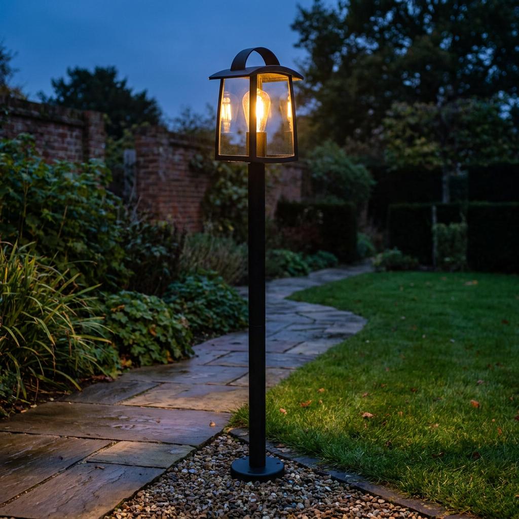 Black lantern-style bollard light illuminating a stone garden path at twilight.