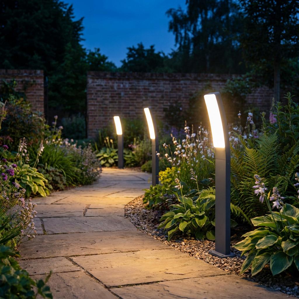 Three Lutec Kira dark grey LED bollard lights illuminate a winding stone garden path at dusk.