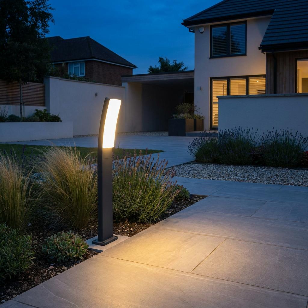 Dark grey curved bollard light illuminating a modern paved walkway and garden landscape at dusk.