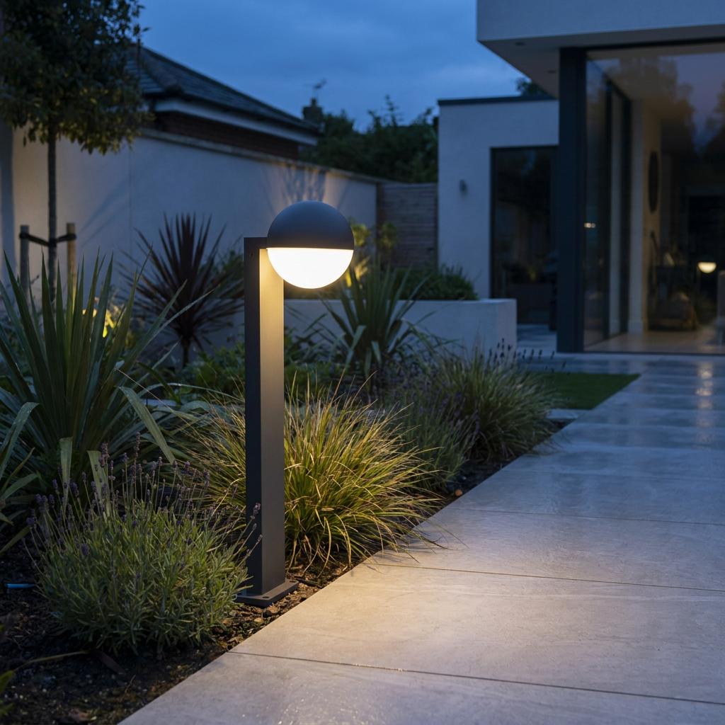 Lutec Looma outdoor dark grey bollard light illuminating a modern garden path with a warm glow at dusk.