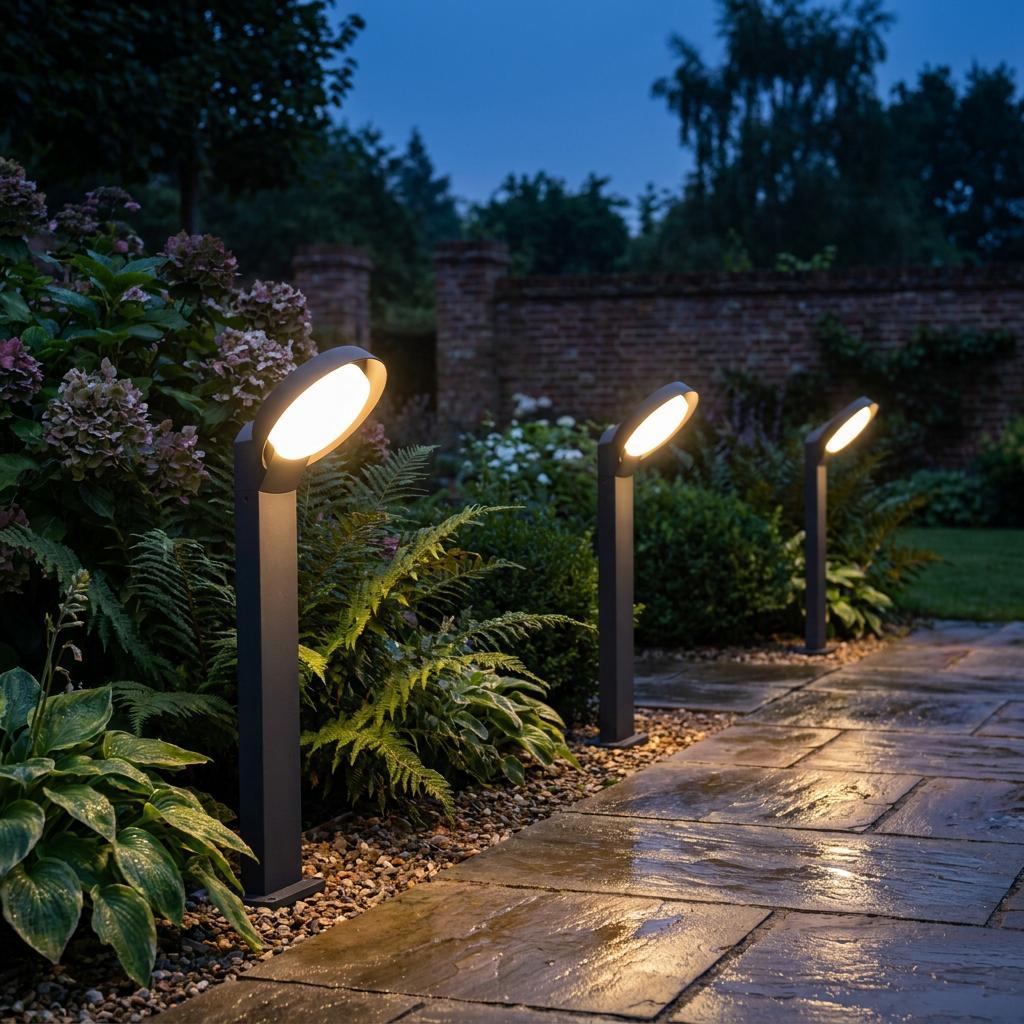 Three grey Lutec Polo LED bollard lights illuminating a stone garden path at dusk.