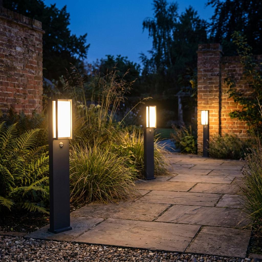 Modern dark grey bollard lights casting a warm glow along a flagstone garden path at dusk.