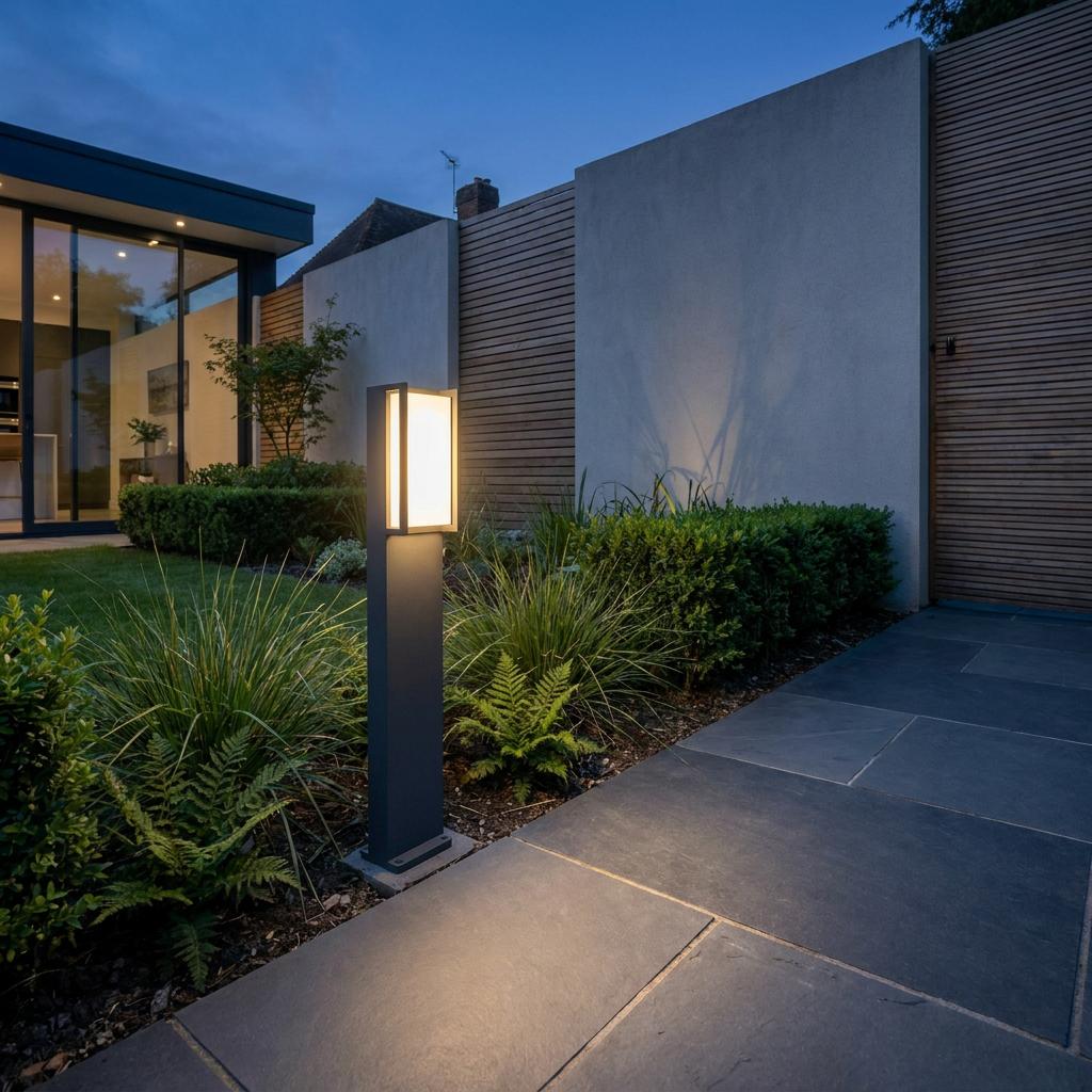 Dark grey Lutec Qubo LED bollard light illuminating a stone garden path at dusk near a modern house.