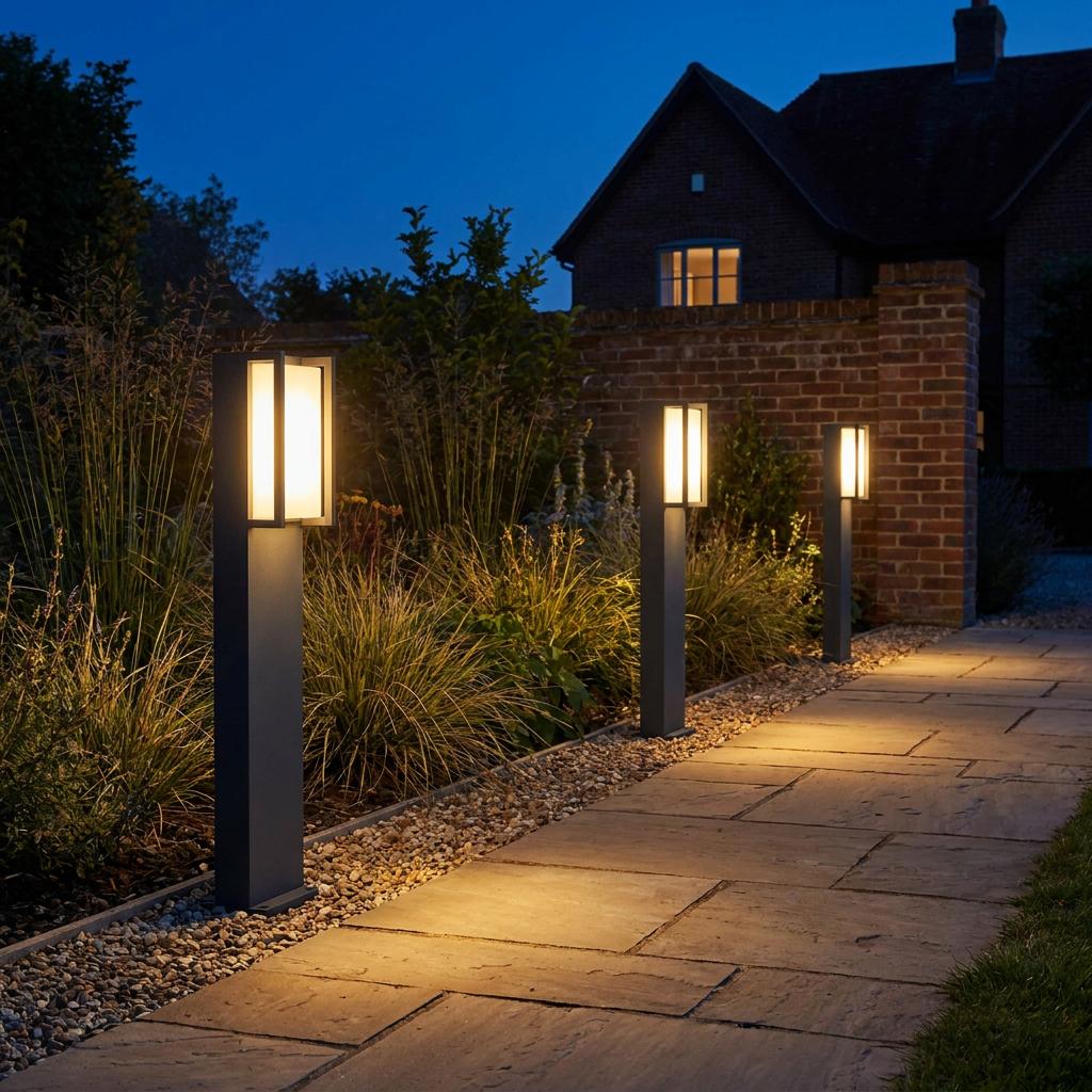 Modern dark grey LED bollard lights illuminate a stone garden path at dusk.