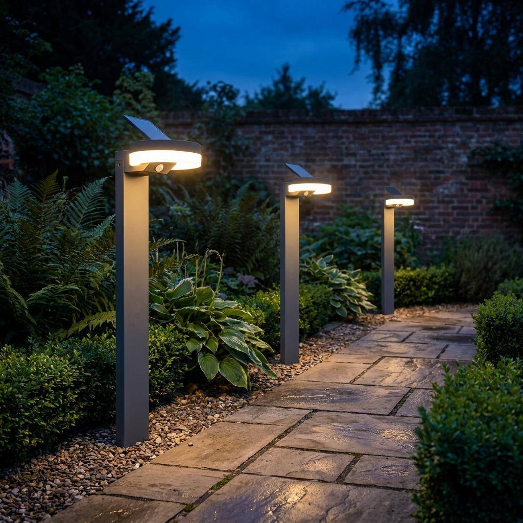 Three modern dark grey solar bollard lights illuminating a stone garden path at twilight with warm light.
