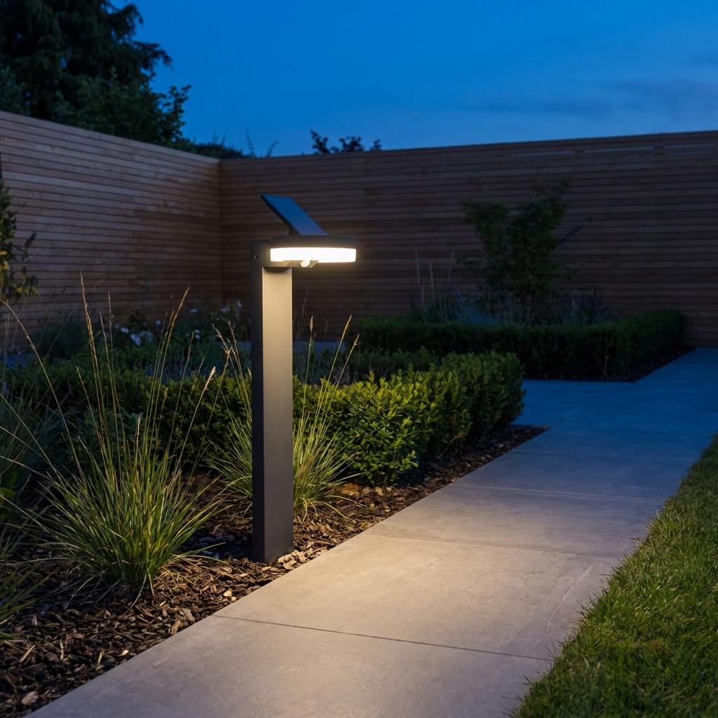 Lutec Runda solar bollard light in dark grey illuminates a tiled garden path next to a wooden fence at night.