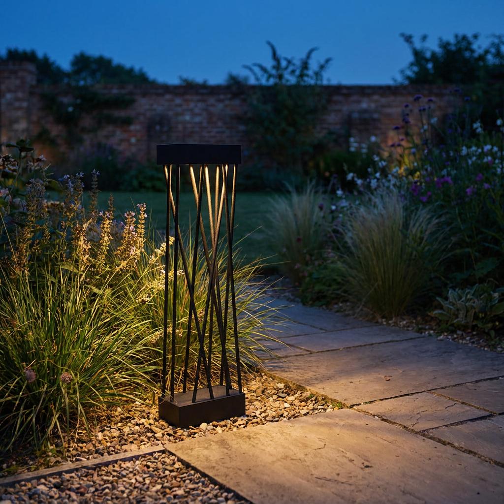 Lutec Spido black solar bollard with a lattice design illuminating a garden stone path at night.