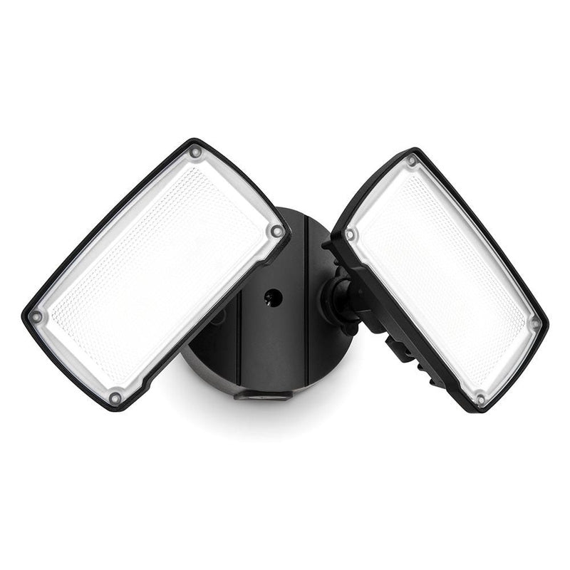 Black outdoor security light fixture with two adjustable lights on a white background