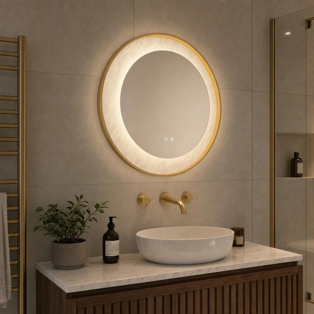Round backlit LED mirror with a gold frame mounted above a white vessel sink in a modern bathroom.