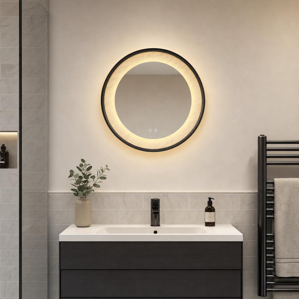 Round black-framed LED mirror with a glowing marble-effect ring above a modern bathroom vanity.