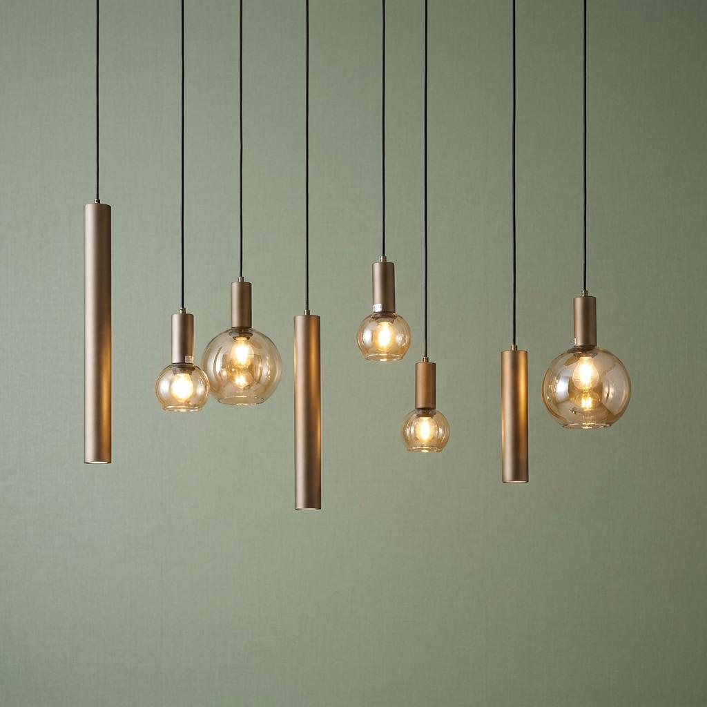 Lyon Latte Metallic pendant lights with staggered amber glass globes and tubes against a green wall.