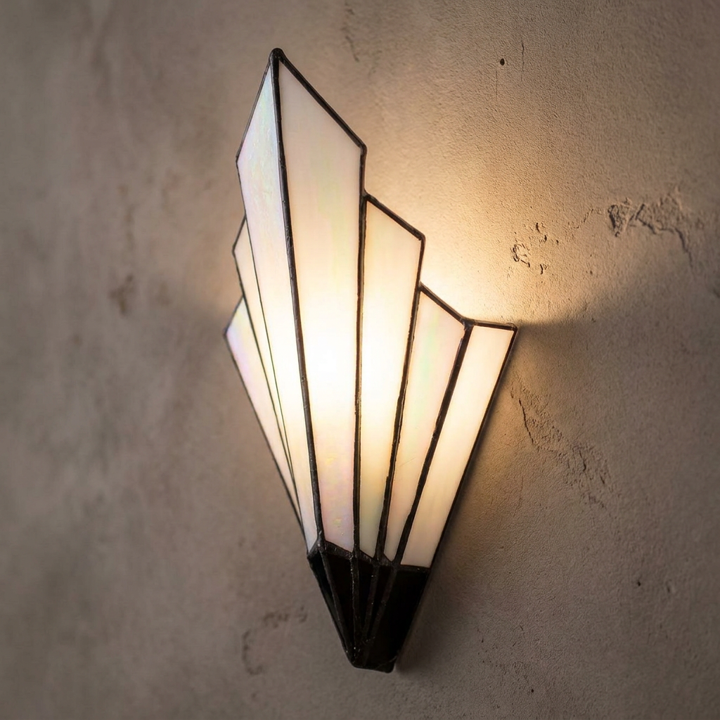 Lyon Tiffany wall light with an Art Deco fan shape and opalescent panels glowing against a textured wall.
