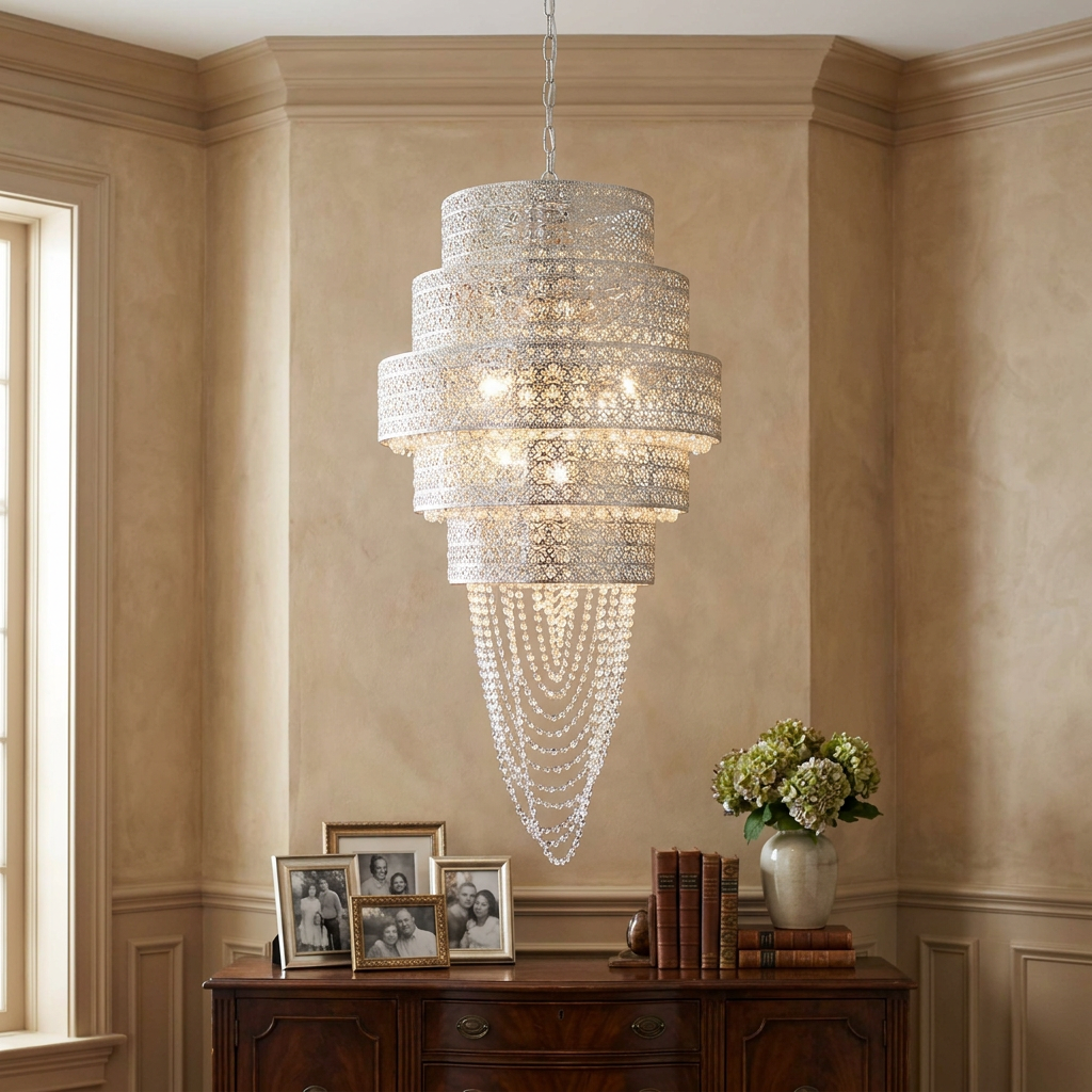 Tiered chrome pendant light with intricate metal bands and cascading crystal beads hanging over a wooden sideboard.