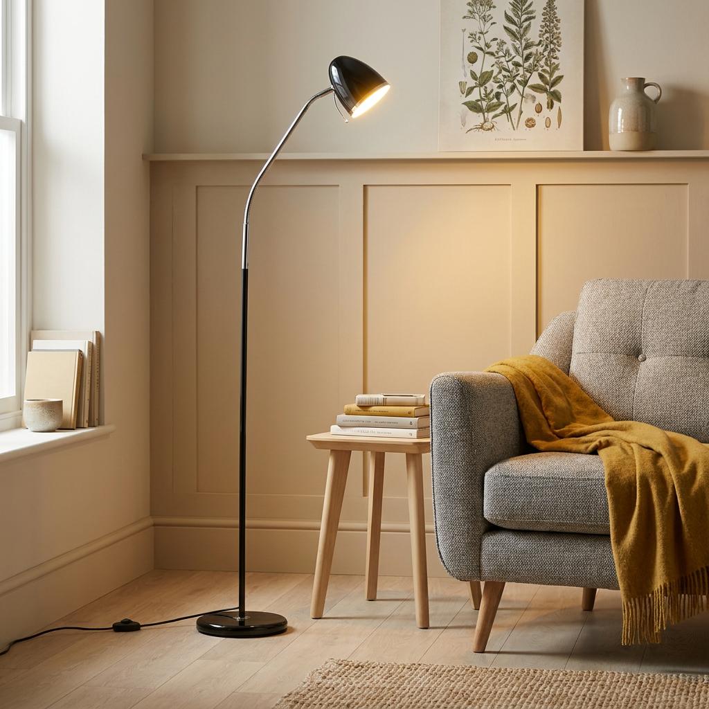 A Madison black floor lamp with a curved chrome neck shines over a grey armchair and wooden side table.