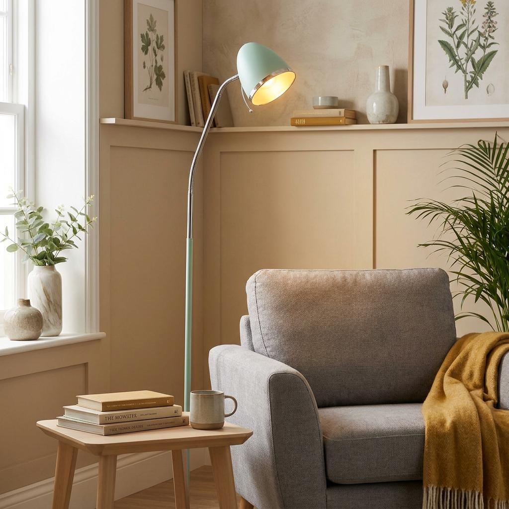 A lit Madison Duck Egg Floor Lamp with a curved chrome neck illuminates a cozy living room with a grey armchair.
