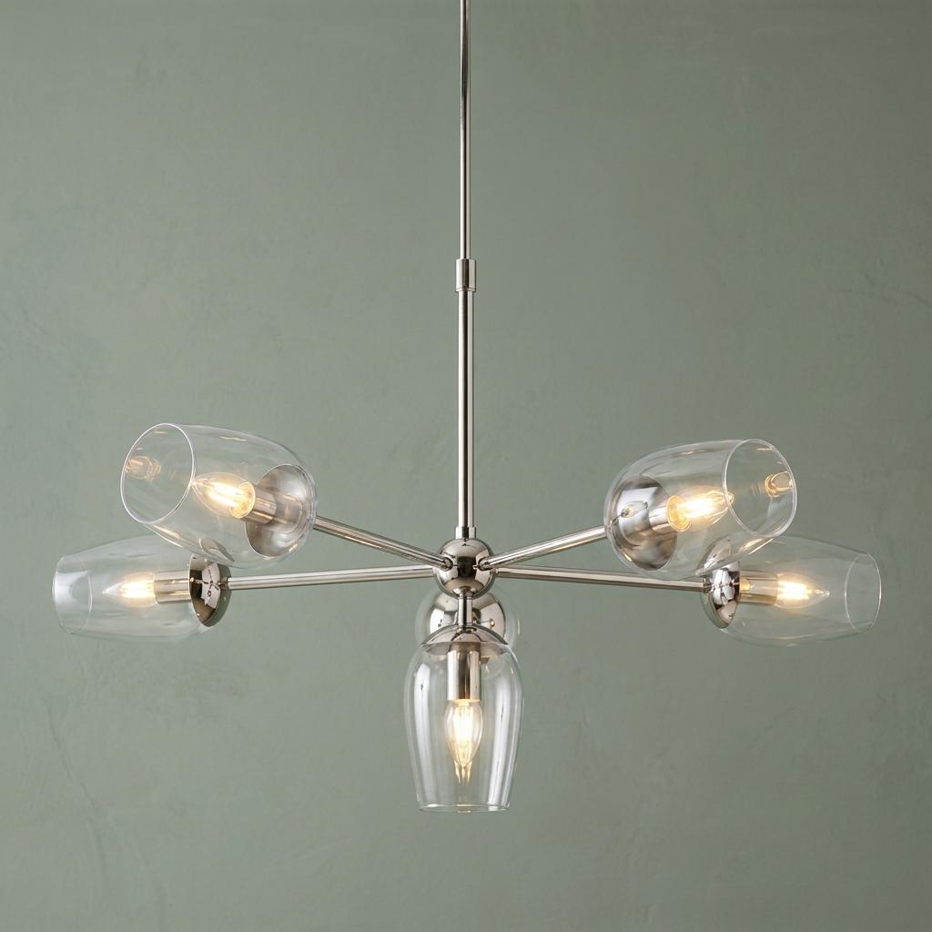 Maeve 6-light polished nickel pendant with curved clear glass shades against a light green wall.