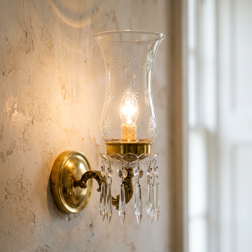 Maharaja 1 light brass wall light with star-etched glass hurricane shade and crystal droplets on a textured wall.
