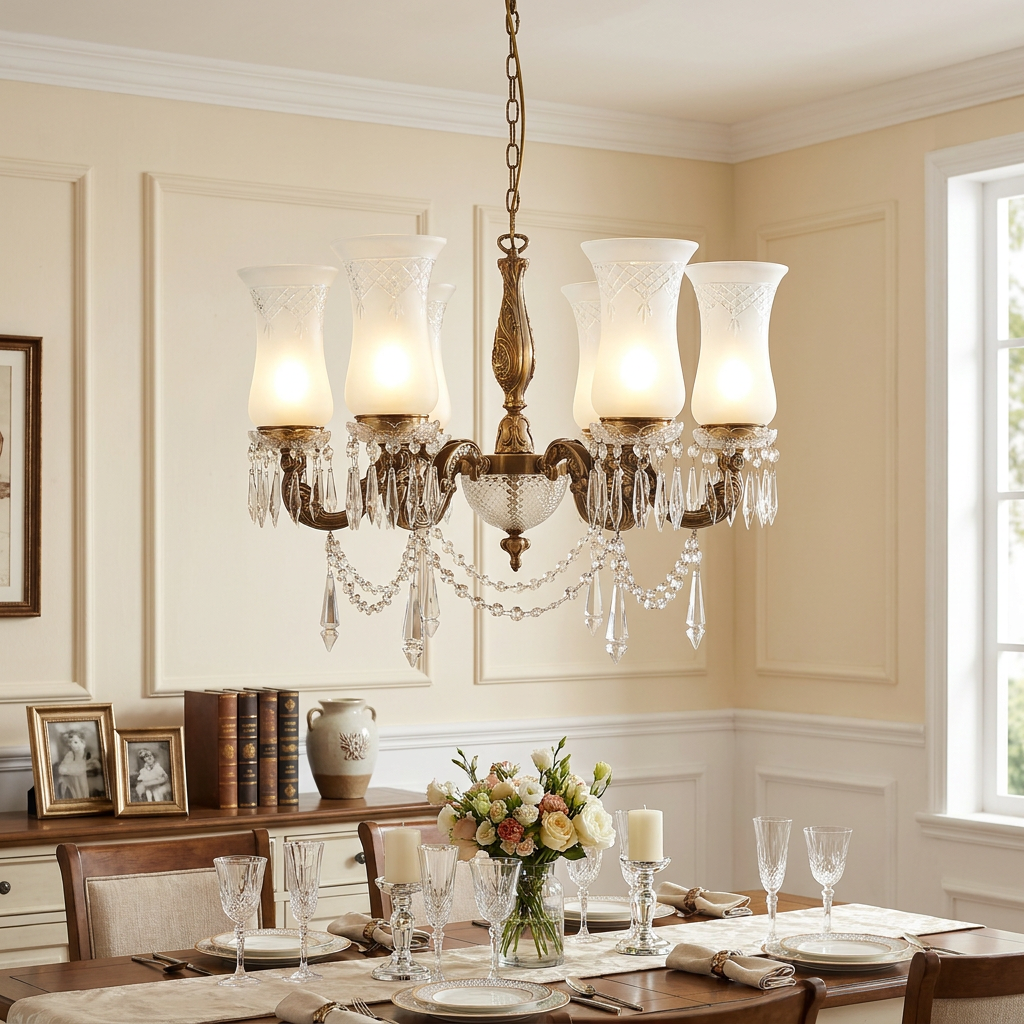 Maharaja 6 light brass chandelier with frosted glass shades and crystal droplets hanging over a set dining table.
