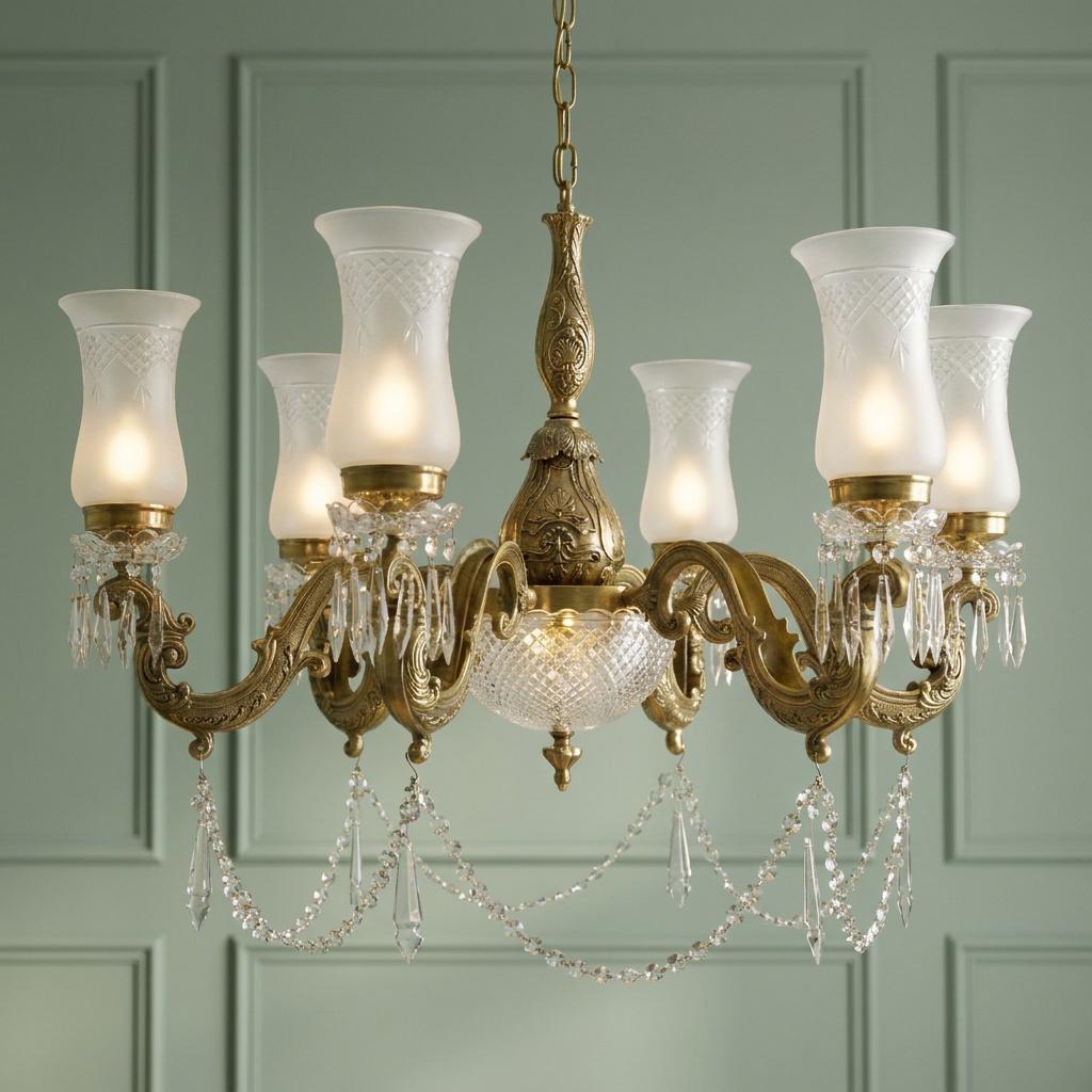 Maharaja 6 light brass chandelier with frosted glass shades and crystal droplets against a green paneled wall.