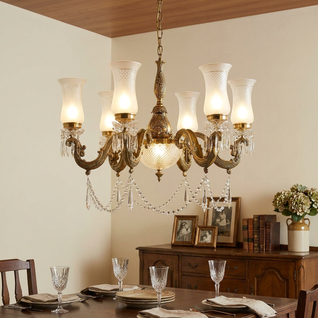 Maharaja 6 light brass chandelier with frosted glass shades and crystal accents hanging over a set dining table.