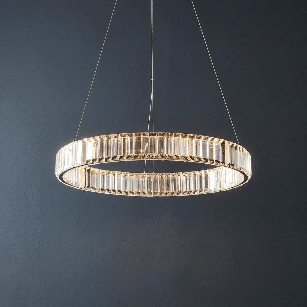Majestic Chrome and Glass Crystal LED Ring Ceiling Pendant glowing against a dark grey textured wall.