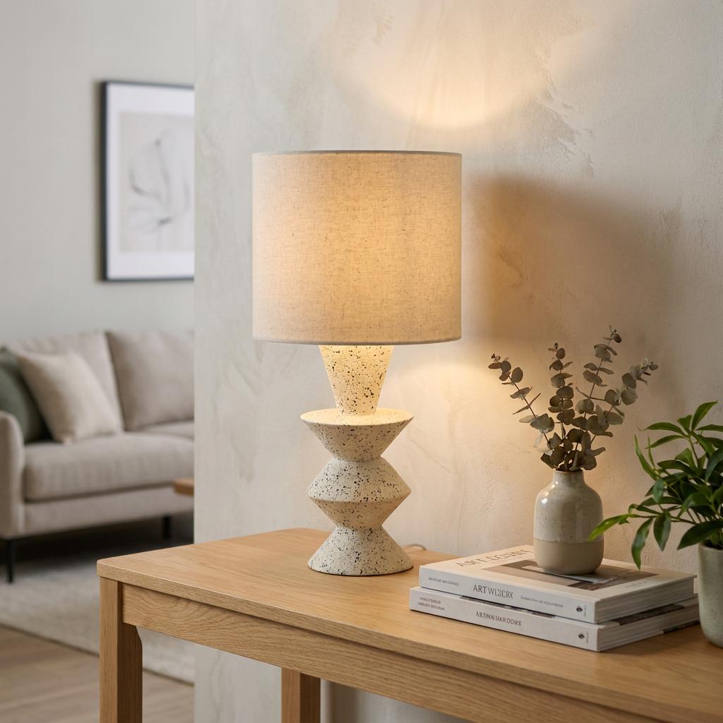 A sculptural terrazzo table lamp with a beige linen shade on a wooden console table in a modern living room.