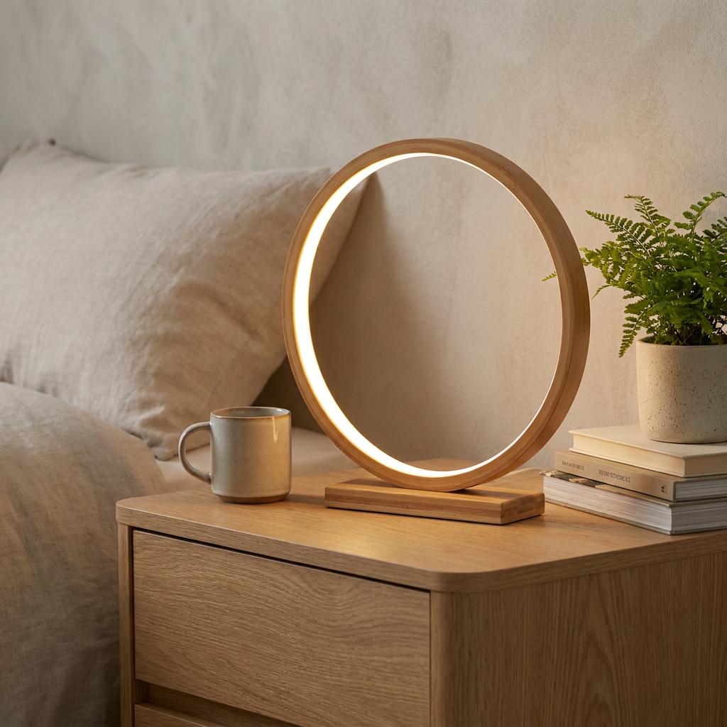 A circular wooden table lamp glows warmly on a bedside table next to a mug and a potted fern.